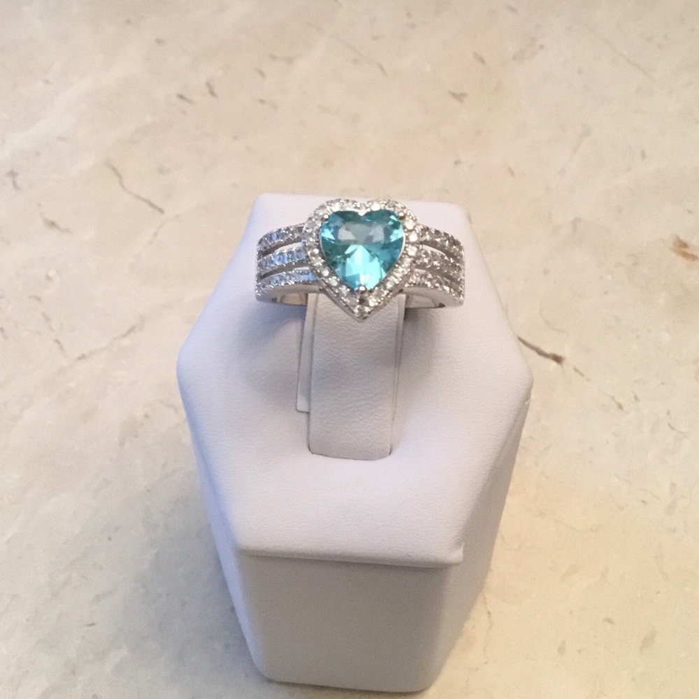 .925 Sterling Silver Aquamarine CZ Heart Ring - Picture 11 of 16